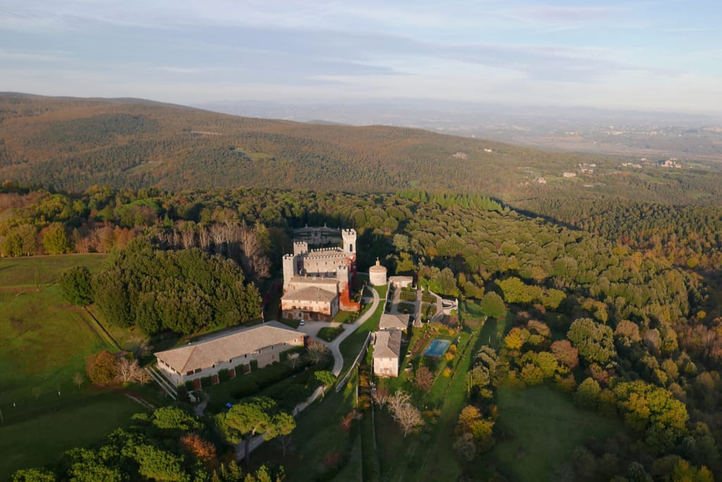 castello di celsa near Casali di Casole in Tuscany aerial view
