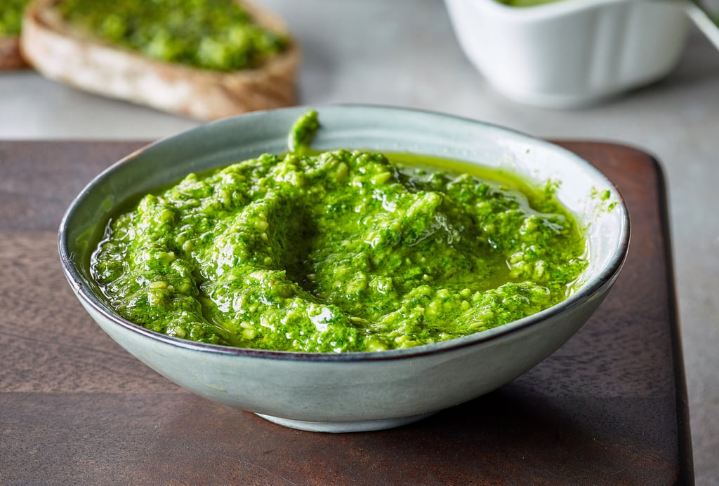 bowl of basil pesto, selective focus
