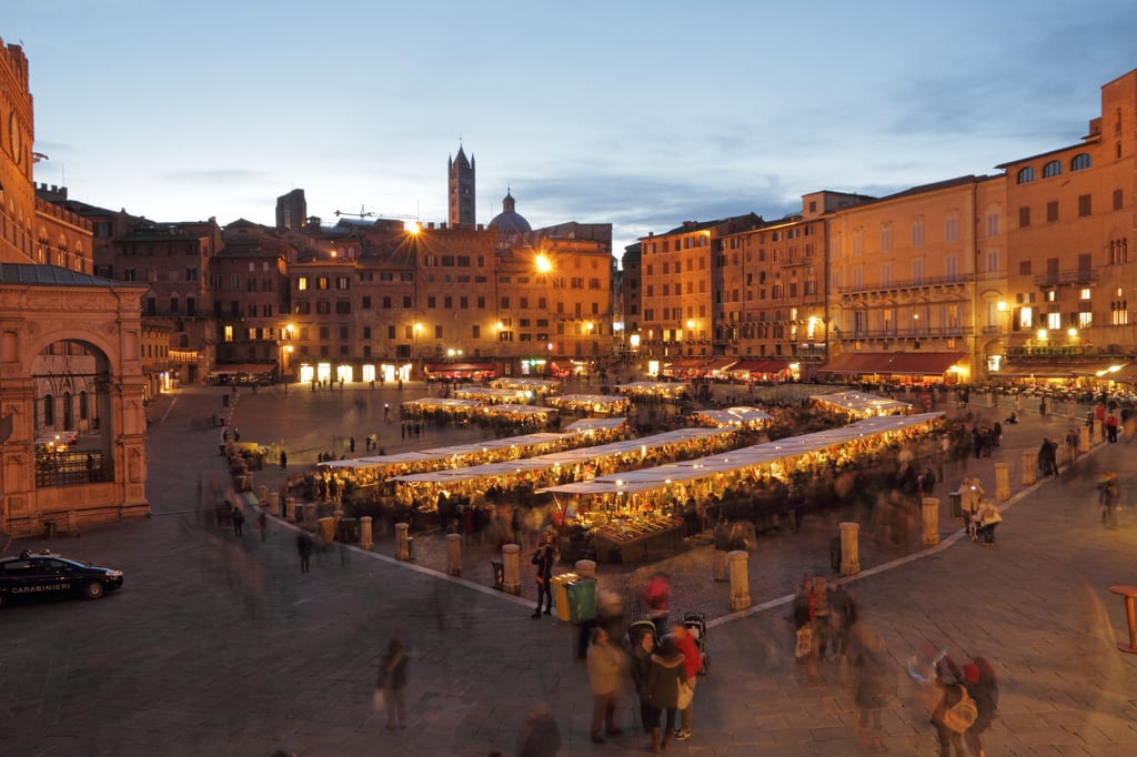 Traditional   Mercato Grande, historic craft and food market on main market square ( il Campo ) in Siena, Tuscany, Italy, Europe