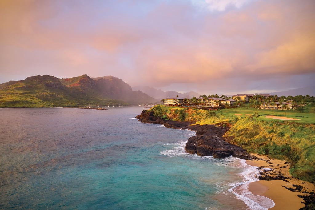 Aerial view of Timbers Kauai at sunset