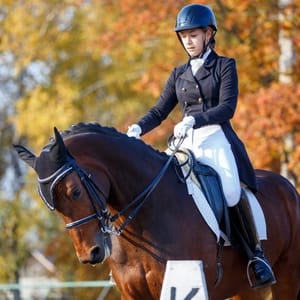 Teenage girl riding horse on equestrian dressage test in autumn.