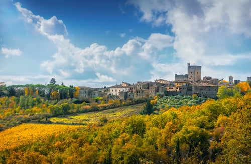 Castellina in Chianti village, vineyard and autumn foliage. Tuscany, Italy. Europe.