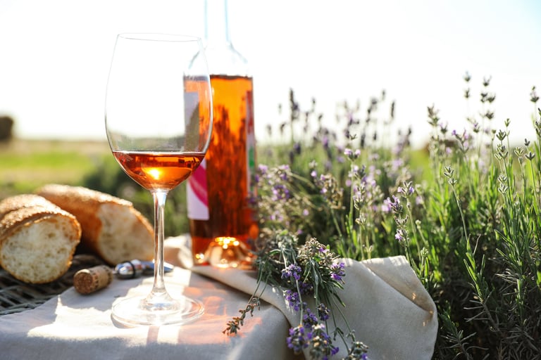 Composition with glass of wine on wicker table in lavender field. Space for text